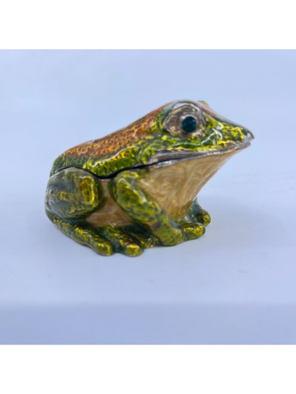 vintage enamel frog trinket box with hinged lid green & orange detailing - Picture 2 of 12